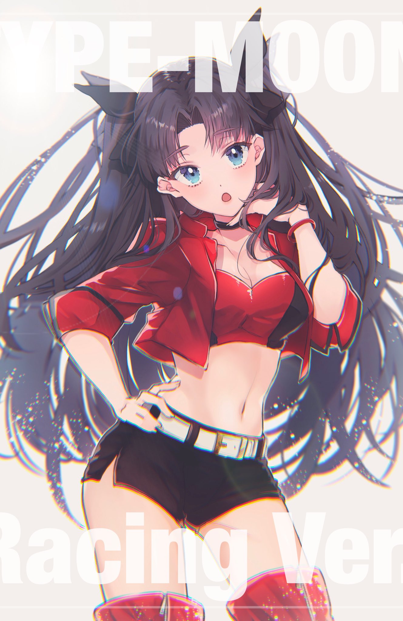 1girl, bangs, black_collar, black_hair, black_short_shorts, black_shorts, blue_eyes, collar