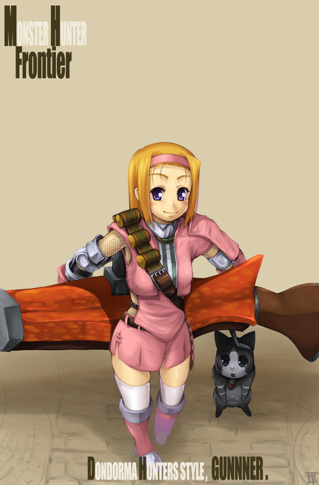 armor, belt, blonde_hair, blue_eyes, blush, boots, bullet, cat