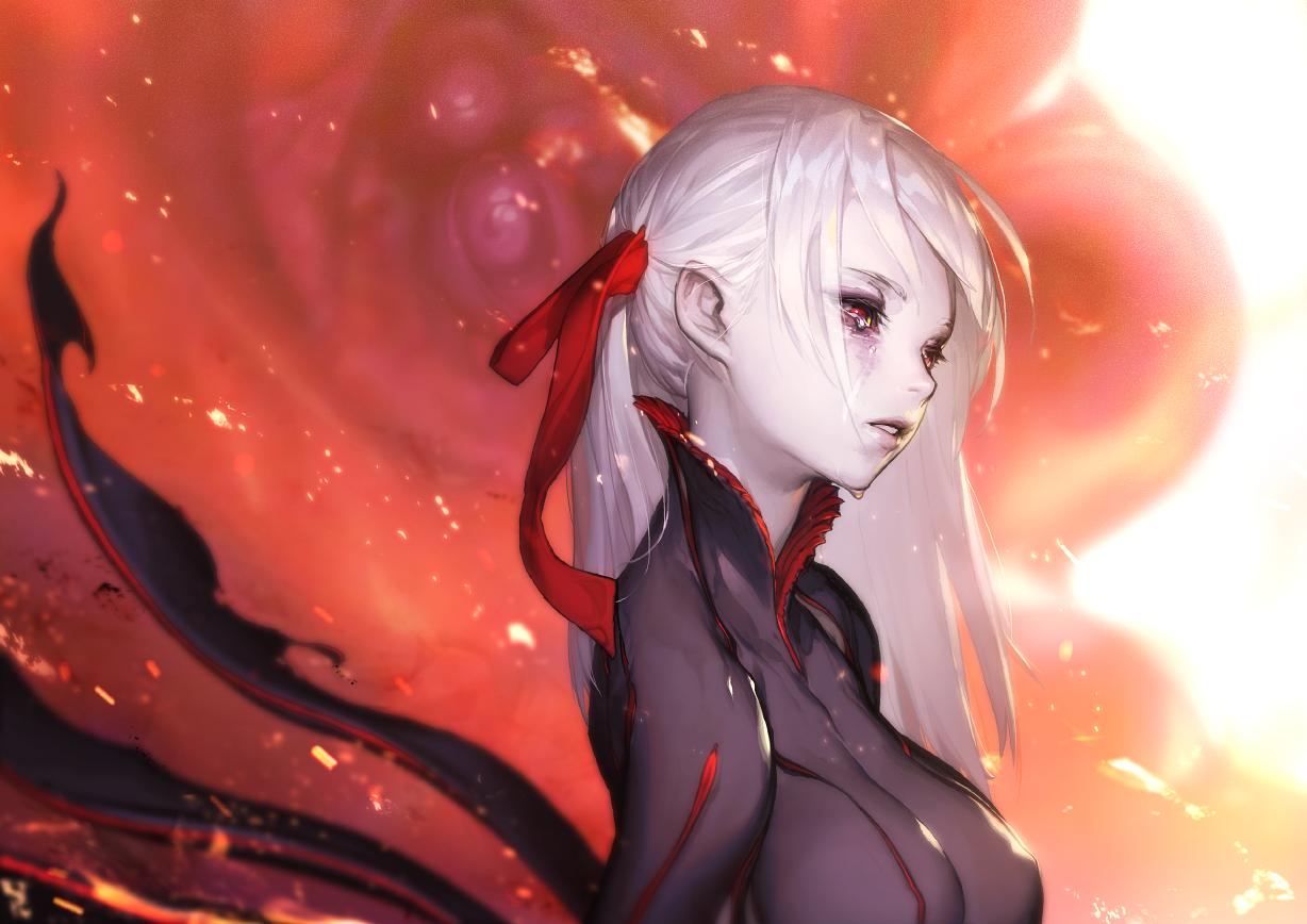 1girl, covered_nipples, crying, embers, extra_eyes, fire, hair_ribbon, kmpym, long_hair, monster, pale_skin, pantyhose, parted_lips, red_eyes, red_ribbon, ribbon, tears, torn_clothes, white_background, white_hair
