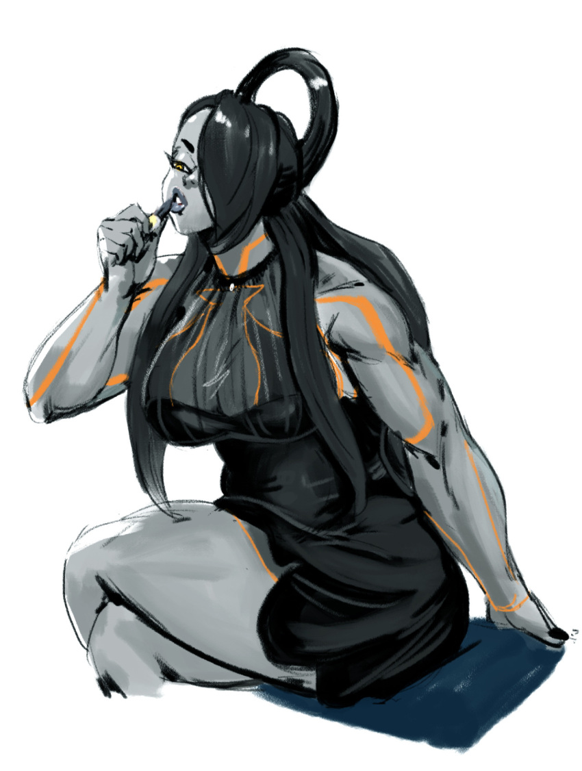 1girl, applying_makeup, black_dress, black_hair, breasts, cropped_legs, crossed_legs, dress