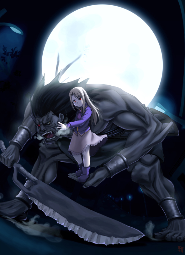 fate/stay_night, fate_(series), full_moon, illyasviel_von_einzbern, mkpower, monster, moon, sword
