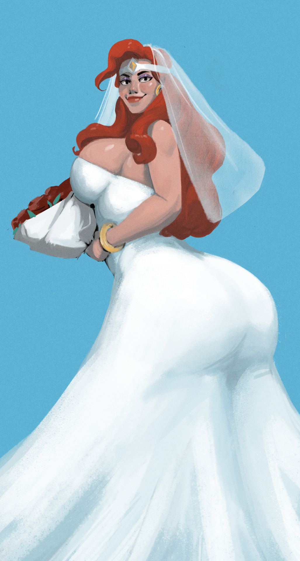 1girl, adventures_of_sonic_the_hedgehog, archie_comics, ass, bare_shoulders, blue_background, bouquet, bracelet