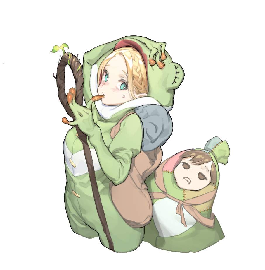 2girls, animal_costume, bag, bedroll, biting, blonde_hair, blush, braid