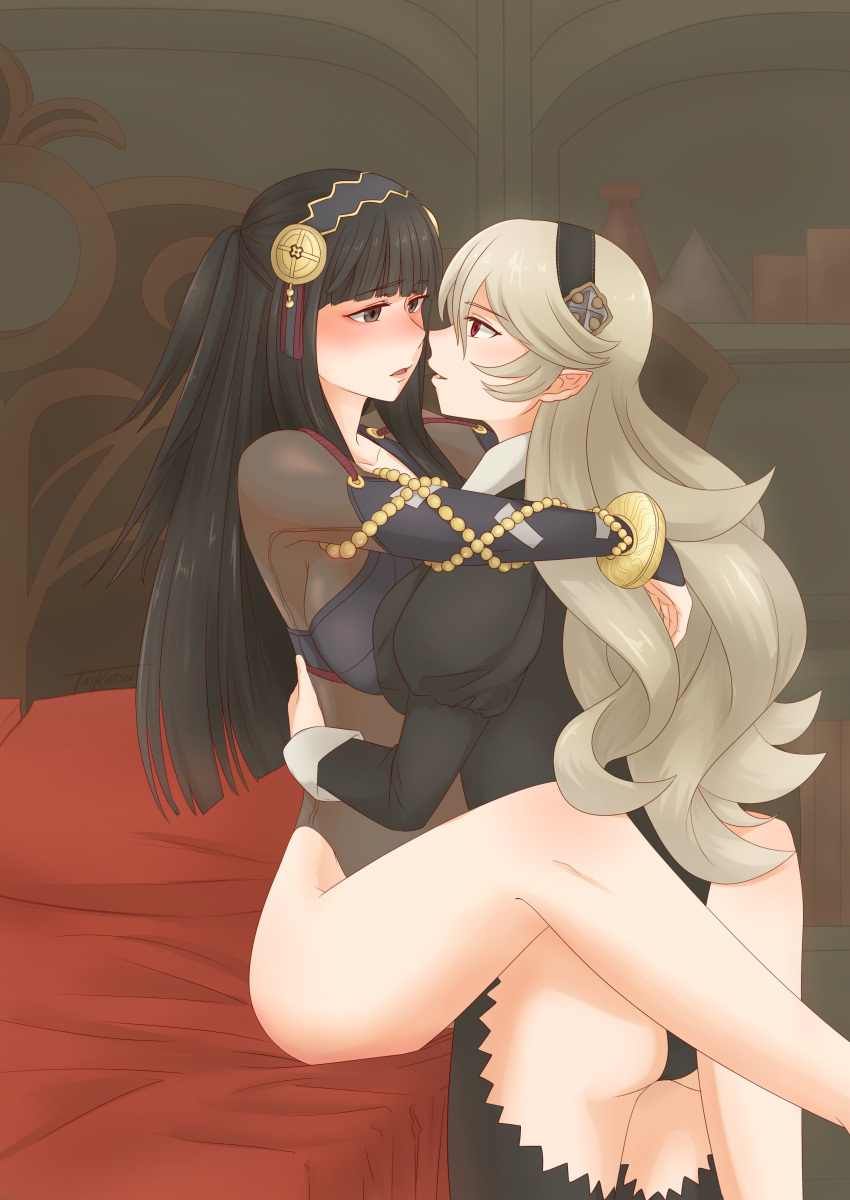 2girls, absurdres, ass, bed, black_hair, blush, corrin_(fire_emblem), corrin_(fire_emblem)_(female), eye_contact, eyebrows_visible_through_hair, fire_emblem, fire_emblem_fates, headband, headdress, highres, hug, imminent_kiss, leg_wrap, leotard, long_hair, looking_at_another, multiple_girls, open_mouth, rhajat_(fire_emblem), silver_hair, sitting, straight_hair, taikatsu, wavy_hair, yuri