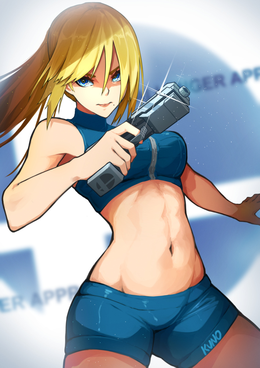 1girl, artist_name, bangs, bare_arms, bike_shorts, blonde_hair, blue_eyes, blue_shorts
