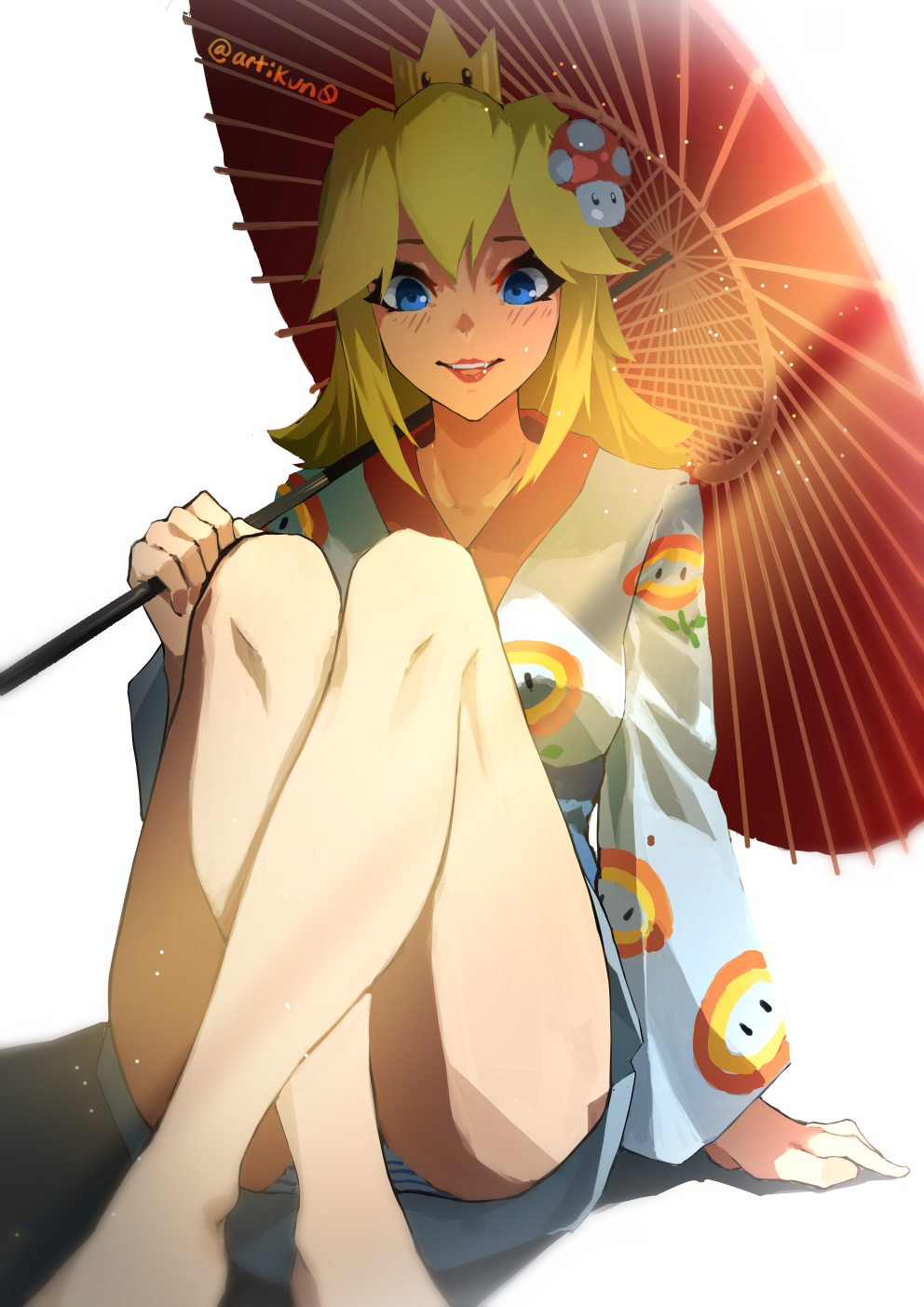1girl, adult, arm_support, bangs, bare_legs, barefoot, blonde_hair, blue_eyes