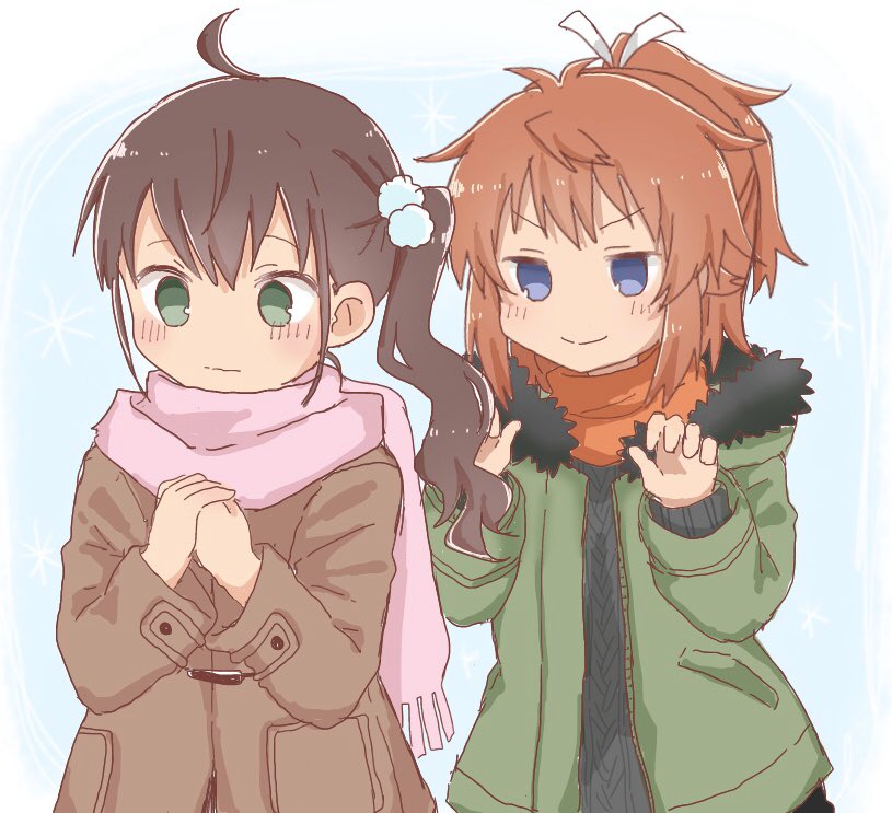 2girls, bangs, black_sweater, blush, brown_coat, brown_hair, closed_mouth, coat