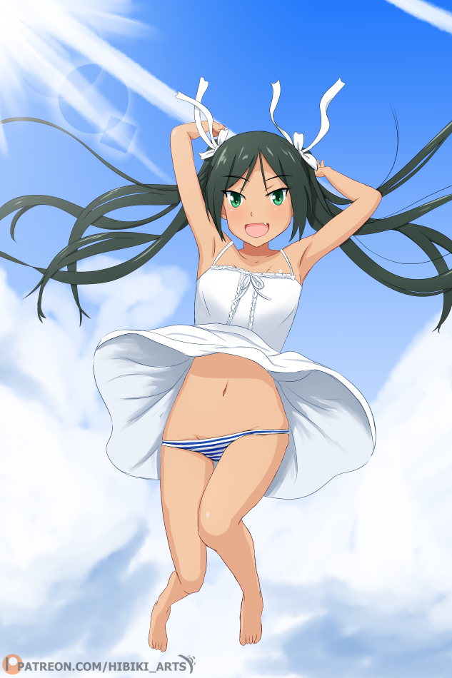 1girl, armpits, artist_name, bare_shoulders, blush, breasts, clouds, cloudy_sky, collarbone, dan_hibiki_(artist), dress, dress_lift, eyebrows_visible_through_hair, fang, francesca_lucchini, full_body, green_eyes, green_hair, groin, hair_ornament, hair_ribbon, jumping, long_hair, looking_at_viewer, navel, open_mouth, panties, ribbon, shiny, shiny_hair, shiny_skin, sky, small_breasts, smile, solo, strike_witches, striped, striped_panties, sundress, tongue, twintails, underwear, world_witches_series