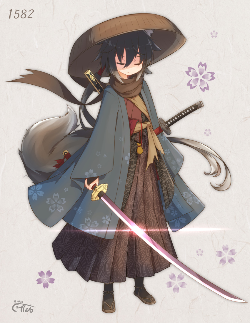 1girl, absurdres, animal_ear_fluff, animal_ears, bangs, black_hair, black_legwear, black_scarf, bridal_gauntlets, brown_footwear, brown_hakama, brown_headwear, brown_kimono, cherry_blossom_print, closed_eyes, closed_mouth, coreytaiyo, dated, eyebrows_visible_through_hair, floral_background, floral_print, fox_ears, fox_girl, fox_tail, full_body, gradient_hair, grey_background, grey_hair, hair_between_eyes, hakama, hat, highres, holding, holding_sword, holding_weapon, japanese_clothes, katana, kimono, long_hair, long_sleeves, low_ponytail, multicolored_hair, open_clothes, original, ponytail, samurai, sandogasa, scarf, sheath, sheathed, signature, solo, standing, sword, tail, torn_scarf, very_long_hair, weapon, wide_sleeves