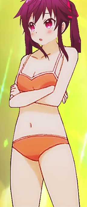 1girl, 2018, annoyed, asymmetrical_hair, bikini, blush, crossed_arms, ebisuzawa_kurumi