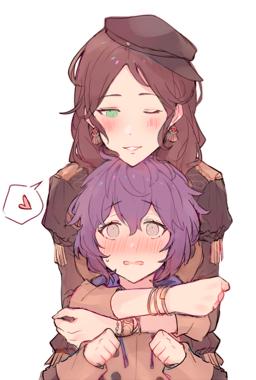 2girls, bernadetta_von_varley, black_headwear, blush, bracelet, brown_hair, dorothea_arnault, earrings