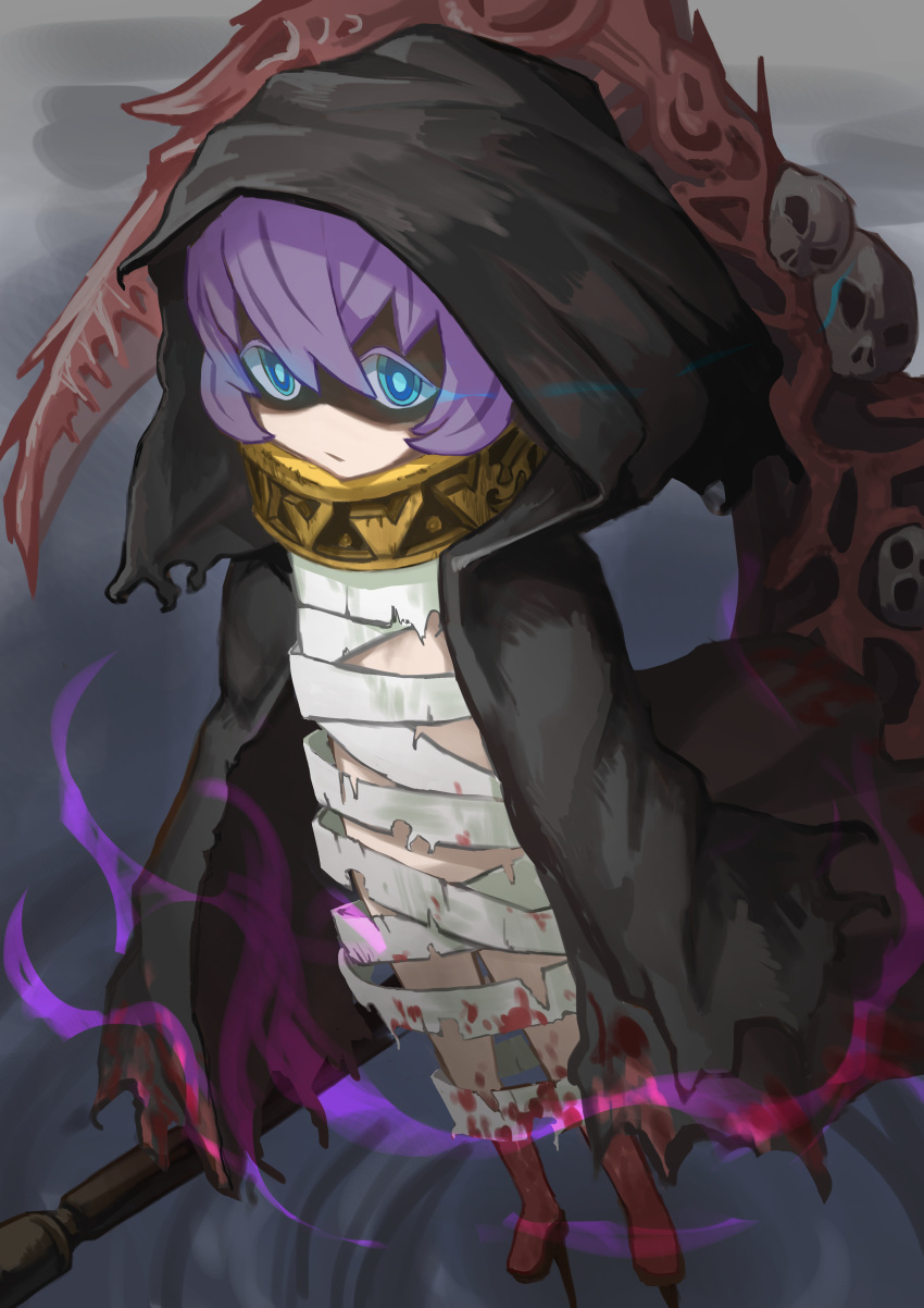 1girl, absurdres, bandages, black_cloak, blood, bloody_bandages, blue_eyes, cloak, grey_background, grim_reaper_(mistover), highres, hood, looking_at_viewer, mistover, purple_hair, red_footwear, scythe, short_hair, simple_background, solo