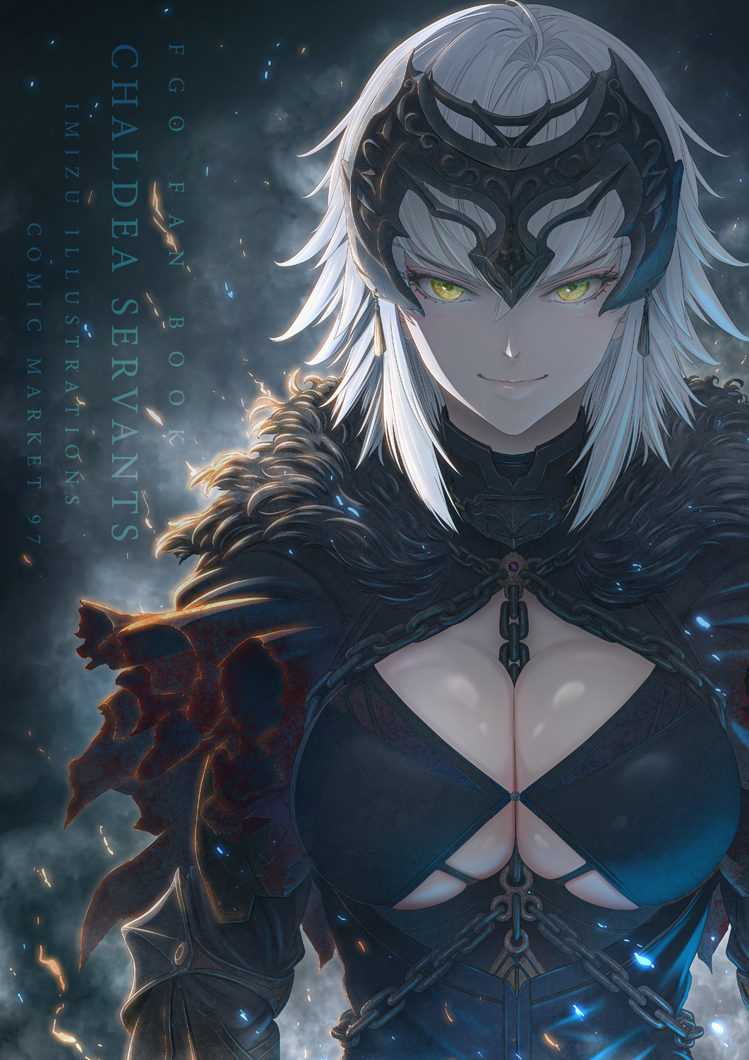 1girl, bangs, black_dress, breasts, cape, chain, closed_mouth, coat