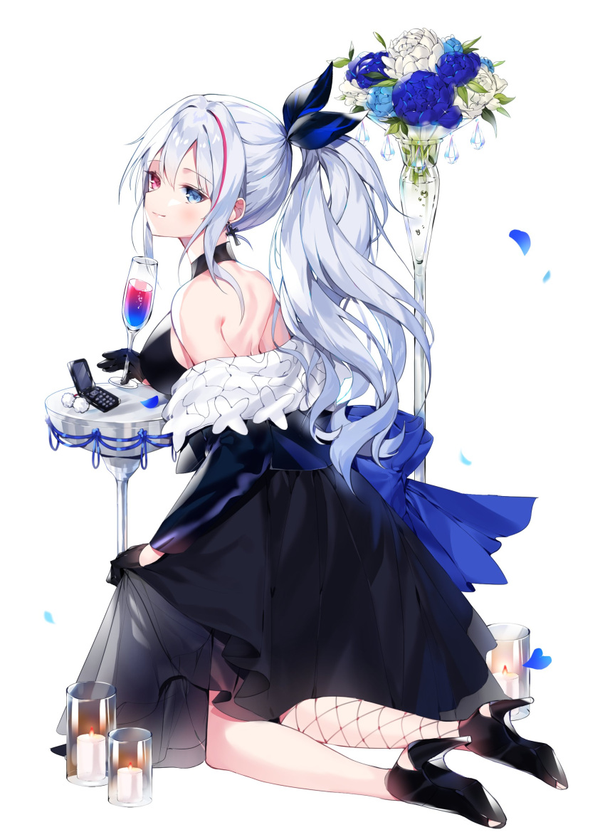 1girl, absurdres, black_dress, black_gloves, black_legwear, blue_bow, blue_eyes, blue_jacket