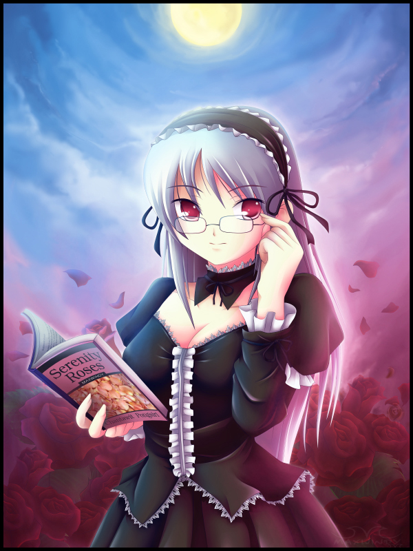 book, breasts, choker, cleavage, flower, frills, glasses, goth