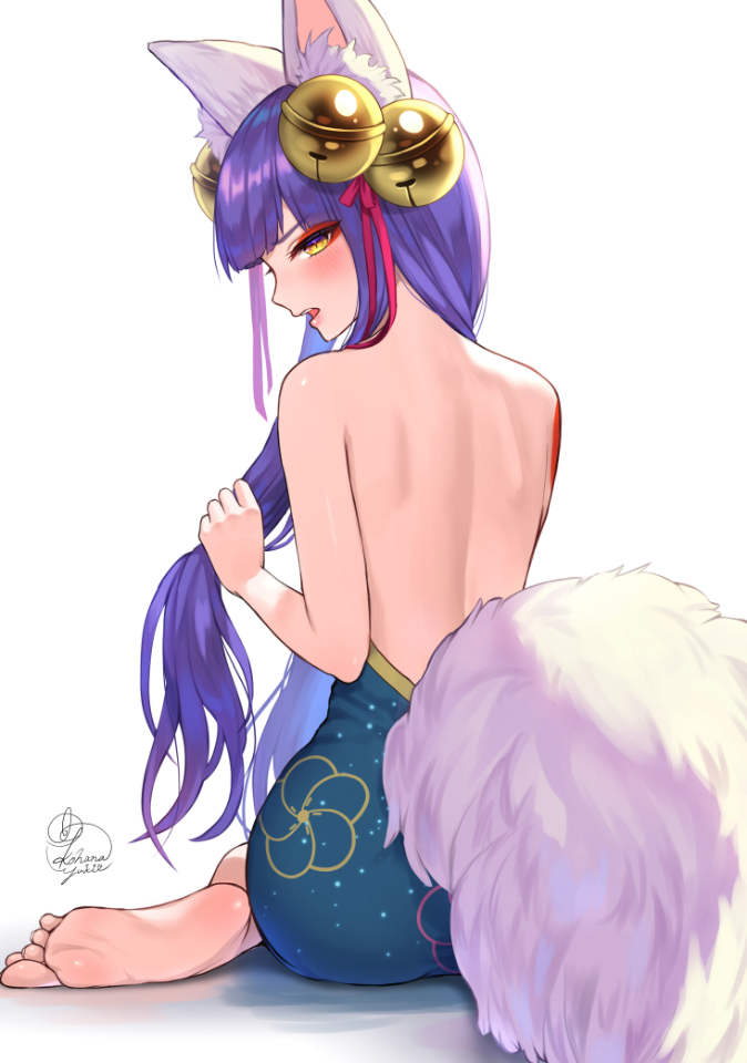 1girl, animal_ears, back, bangs, bare_back, bare_shoulders, barefoot, bell