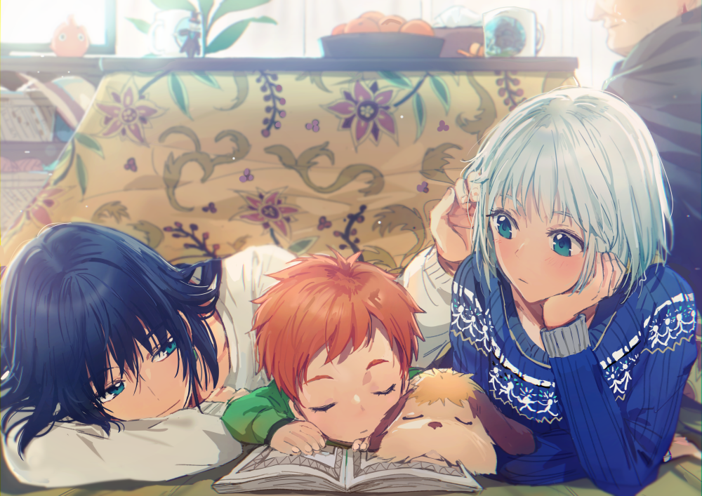 1girl, 3boys, alternate_costume, bangs, black_hair, blue_eyes, blue_sweater, book