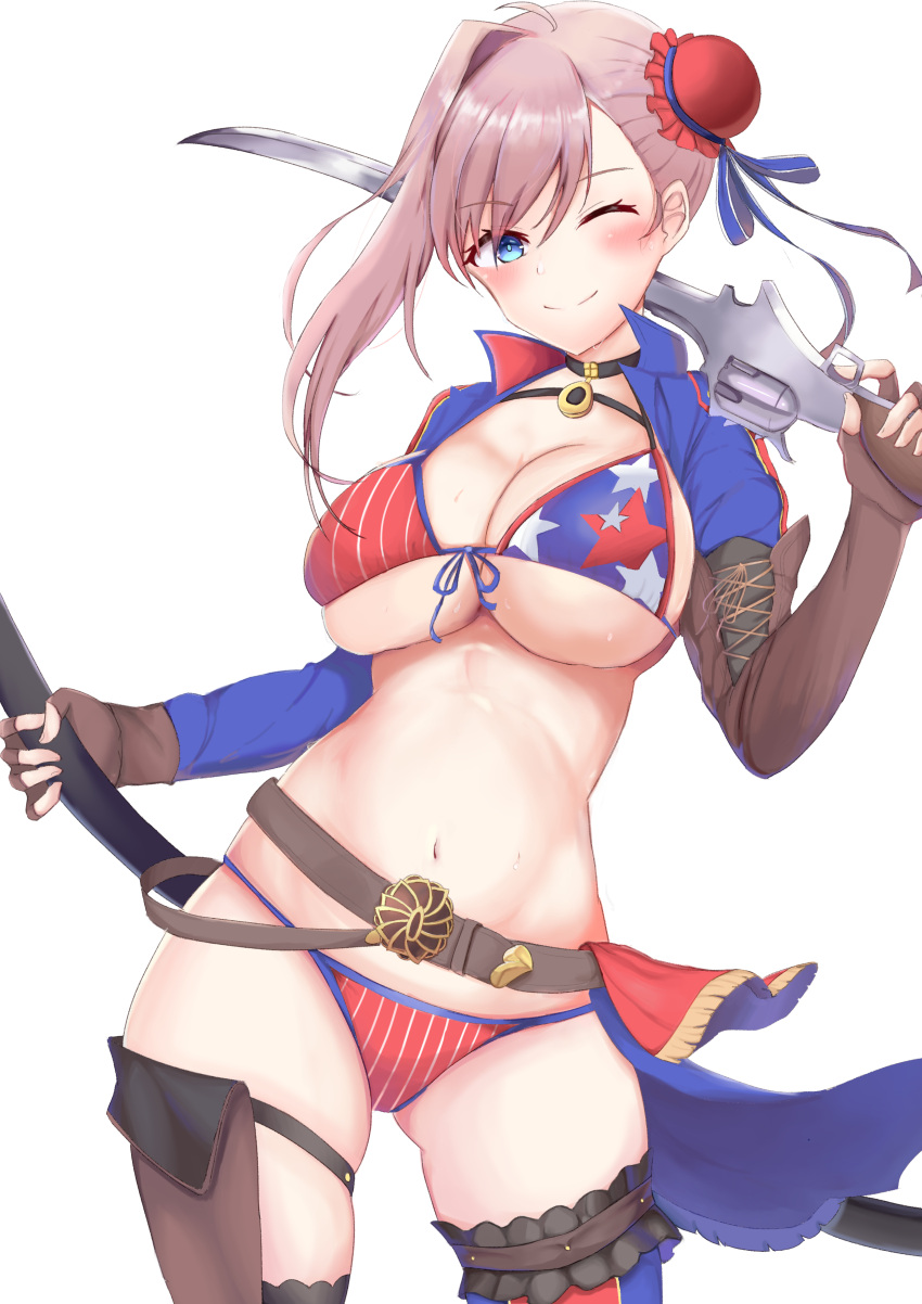 1girl, absurdres, american_flag_bikini, american_flag_legwear, asymmetrical_footwear, asymmetrical_gloves, asymmetrical_hair, bangs