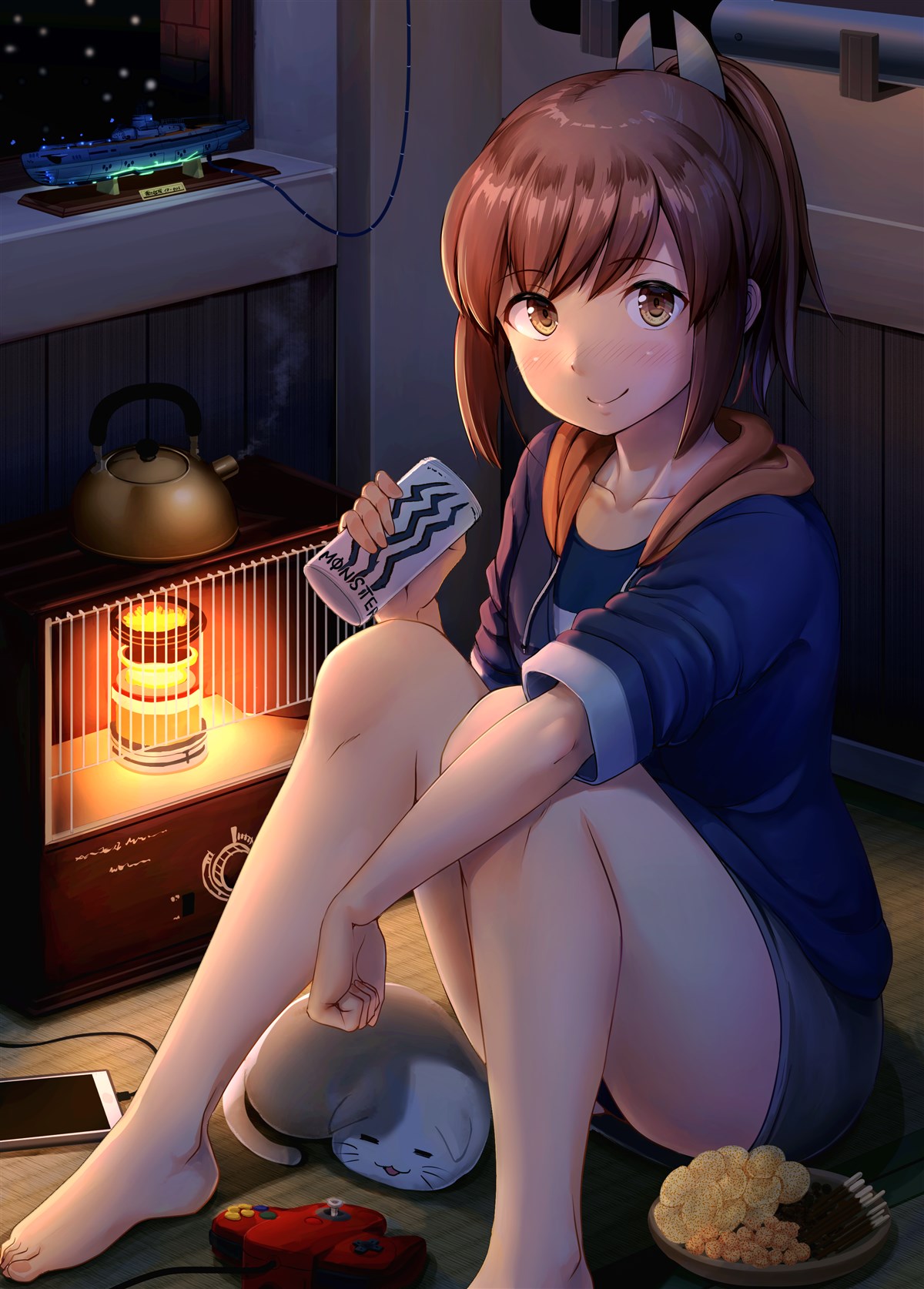 1girl, barefoot, blush, breasts, brown_eyes, brown_hair, can, cat