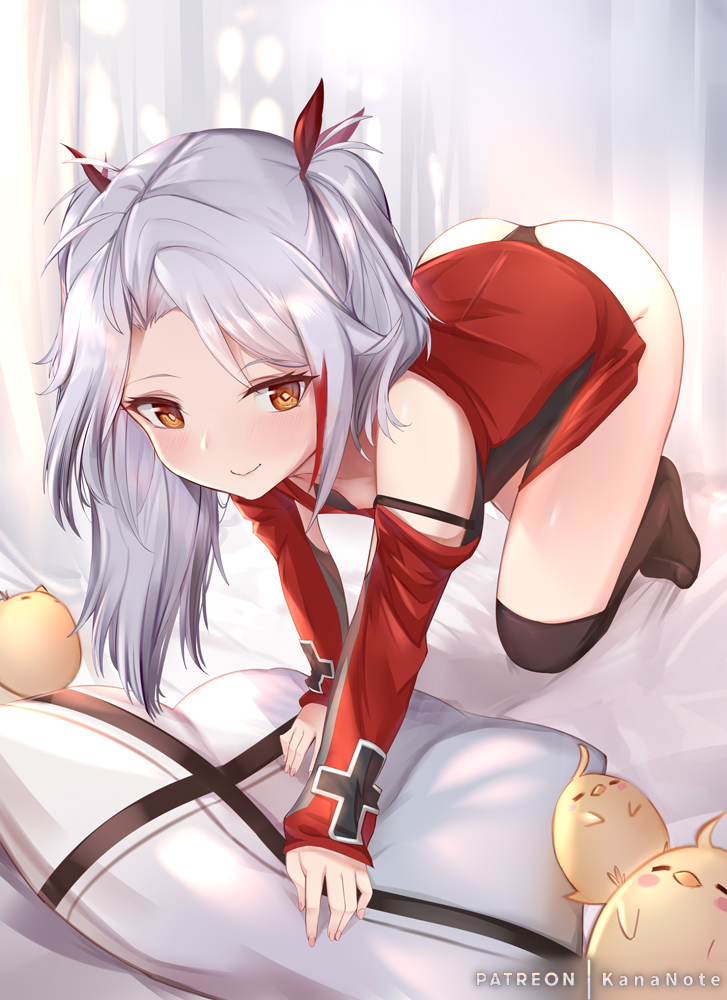 1girl, all_fours, antenna_hair, ass, azur_lane, b_b_b_b66, bangs, bed