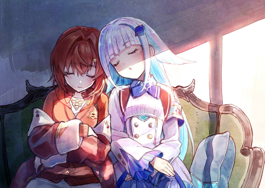 2girls, ange_katrina, armband, badge, bangs, blue_frills, blue_ribbon, blunt_bangs