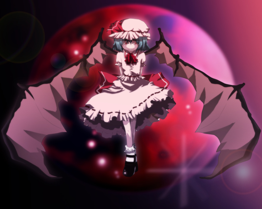 bad_id, blue_hair, hat, highres, remilia_scarlet, ribbon, ribbons, shion_(pixiv)