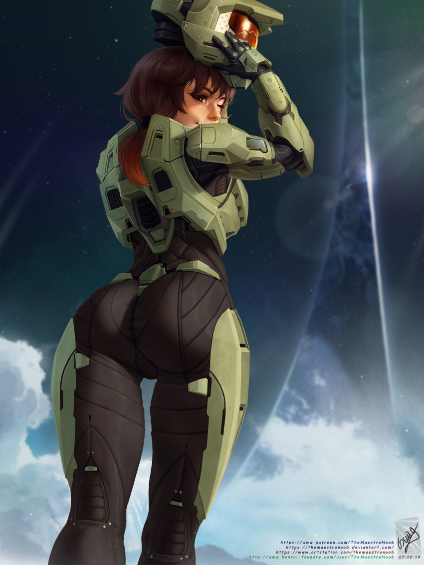 1girl, ass, black_bodysuit, bodysuit, brown_eyes, brown_hair, from_behind, georgy_stacker