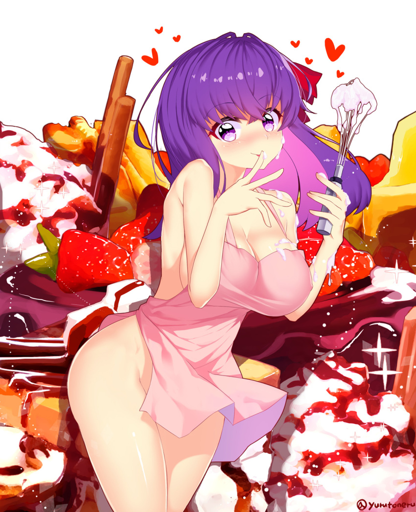 1girl, apron, blush, breasts, cherry, chocolate, commentary_request, cream