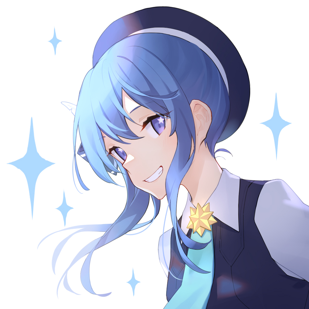 bangs, beret, blue_eyes, blue_hair, blue_headwear, blue_neckwear, collar, hair_ornament