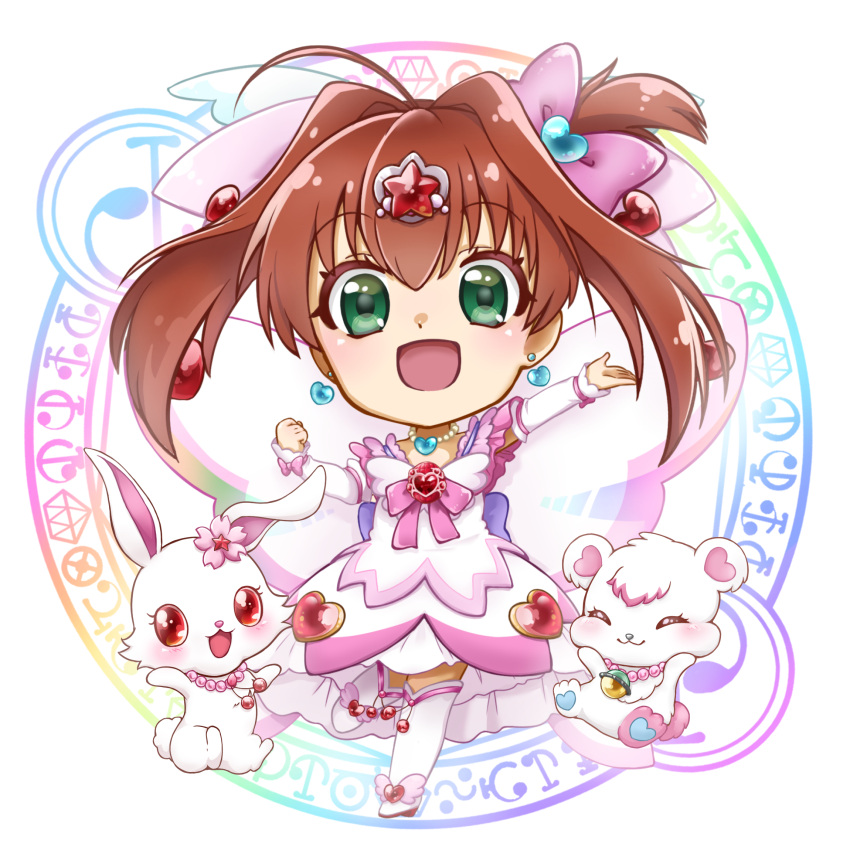 1girl, boots, bow, brown_hair, chibi, commentary_request, creature, dress