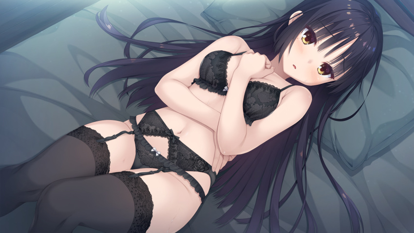 1girl, black_bra, black_hair, black_legwear, black_panties, blush, bra, breasts