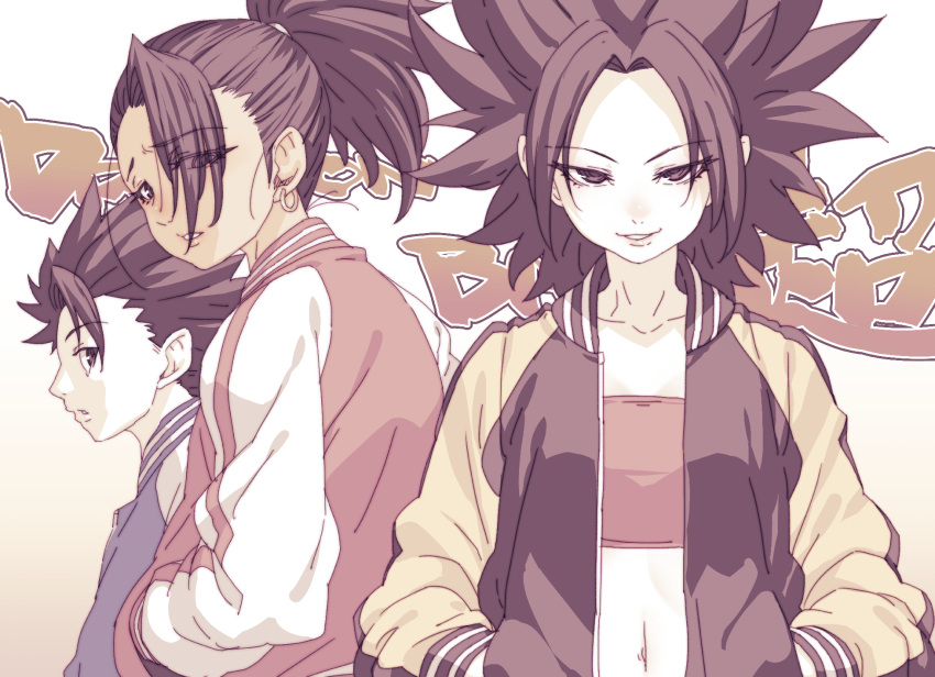 1boy, 2girls, :o, black_eyes, black_hair, black_jacket, blue_jacket, cabba