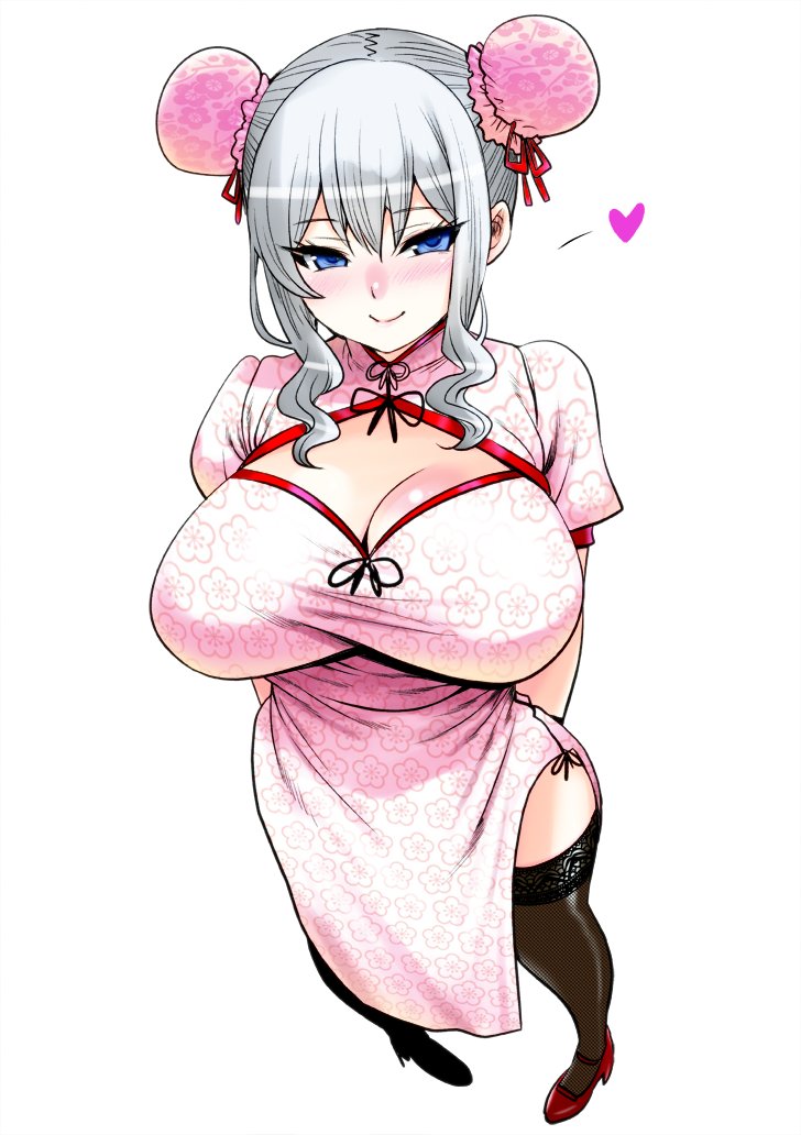 1girl, alternate_costume, arms_behind_back, bangs, black_legwear, blue_eyes, blush, breasts