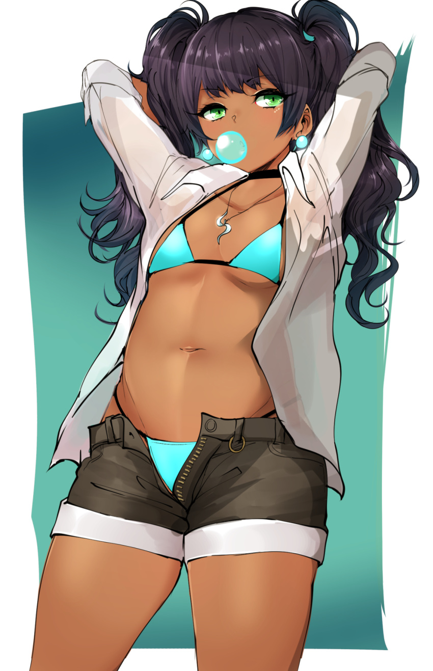 1girl, agetama, arms_behind_head, bangs, bikini, blue_bikini, blush, breasts