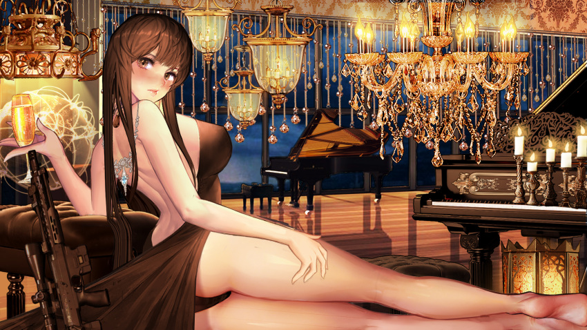 1girl, ahoge, alternate_costume, ass, backless_dress, backless_outfit, bangs, bare_shoulders, barefoot, blunt_bangs, blush, breasts, brown_hair, closed_mouth, cup, dress, dsr-50_(girls_frontline), dsr-50_(weapon), embarrassed, evening_gown, eyebrows_visible_through_hair, girls_frontline, gudadan, gun, highres, holding, holding_cup, jewelry, large_breasts, long_hair, looking_at_viewer, necklace, red_eyes, rifle, sidelocks, soles, solo, thighs, very_long_hair, weapon