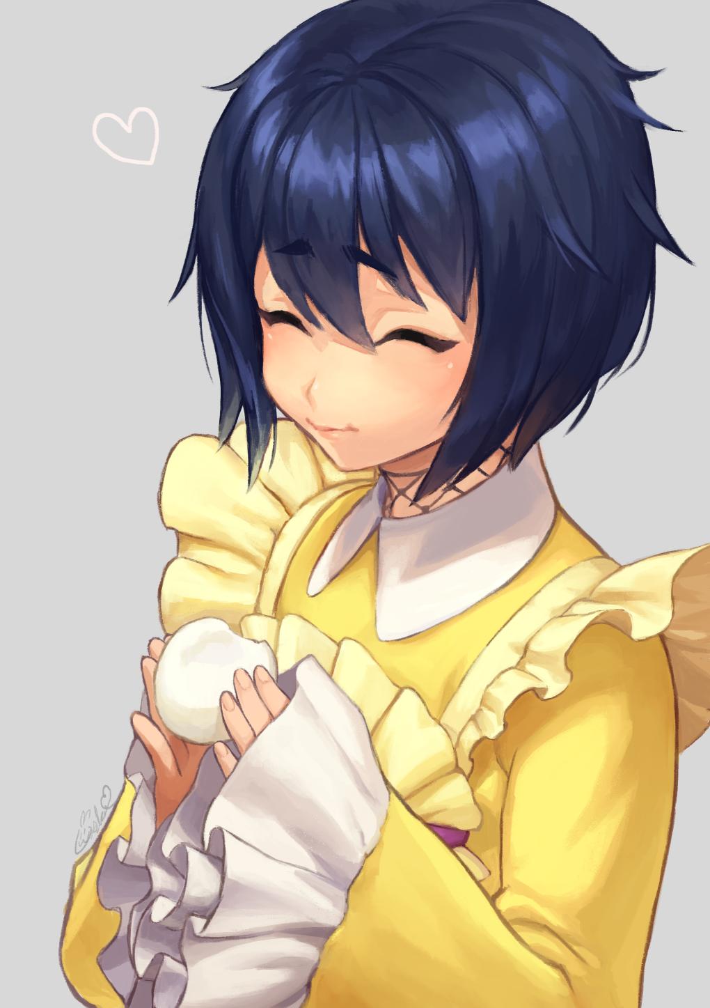 1girl, black_hair, closed_eyes, collar, commentary_request, eating, eyebrows_visible_through_hair, fishnets