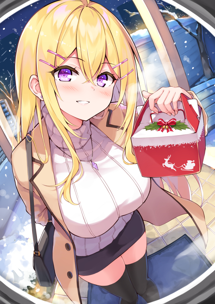 1girl, bag, bare_tree, basket, black_legwear, black_skirt, blonde_hair, breasts, brown_coat, coat, commentary_request, cu-no, fisheye, hair_ornament, hairclip, hakurei_botan, hisenkaede, holding, jewelry, large_breasts, long_hair, looking_at_viewer, miniskirt, necklace, open_clothes, open_coat, parted_lips, pencil_skirt, ribbed_sweater, shoulder_bag, skirt, smile, snow, solo, sweater, thigh-highs, tree, turtleneck, turtleneck_sweater, violet_eyes, white_sweater, winter, zettai_ryouiki
