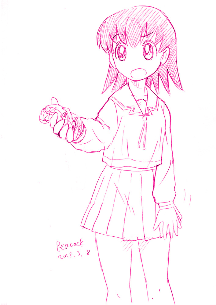 1girl, azumanga_daioh, commentary_request, cowboy_shot, dated, graphite_(medium), hand_up, holding