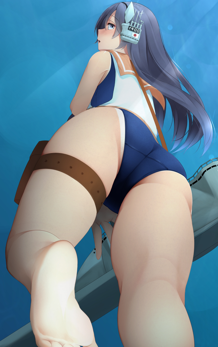 1girl, barefoot, black_hair, blue_eyes, blue_swimsuit, blush, from_behind, headgear