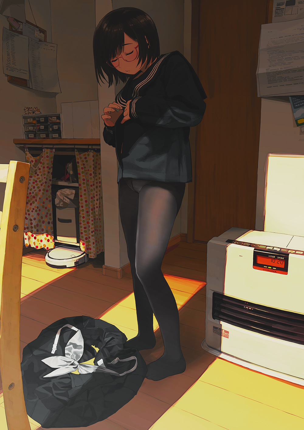 1girl, bangs, black_hair, black_legwear, black_serafuku, black_shirt, black_skirt, blush