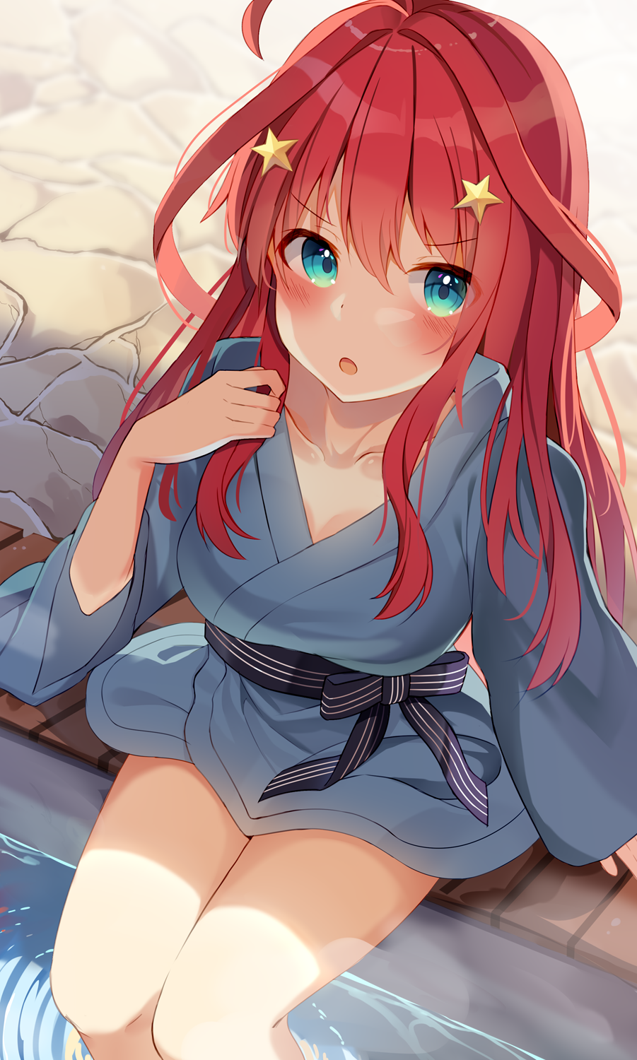 1girl, :o, ahoge, ashiyu, bangs, black_bow, blue_eyes, blue_kimono