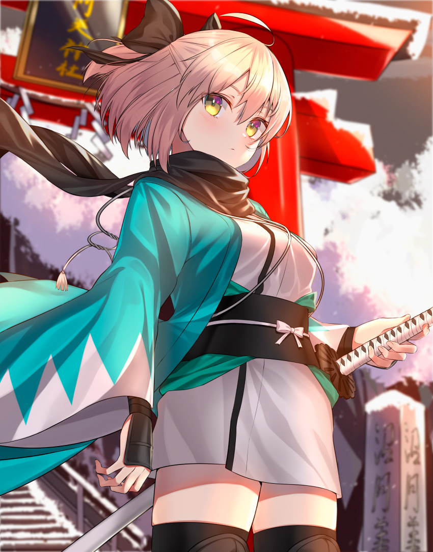 1girl, absurdres, ahoge, arm_guards, bangs, black_bow, black_legwear, black_scarf