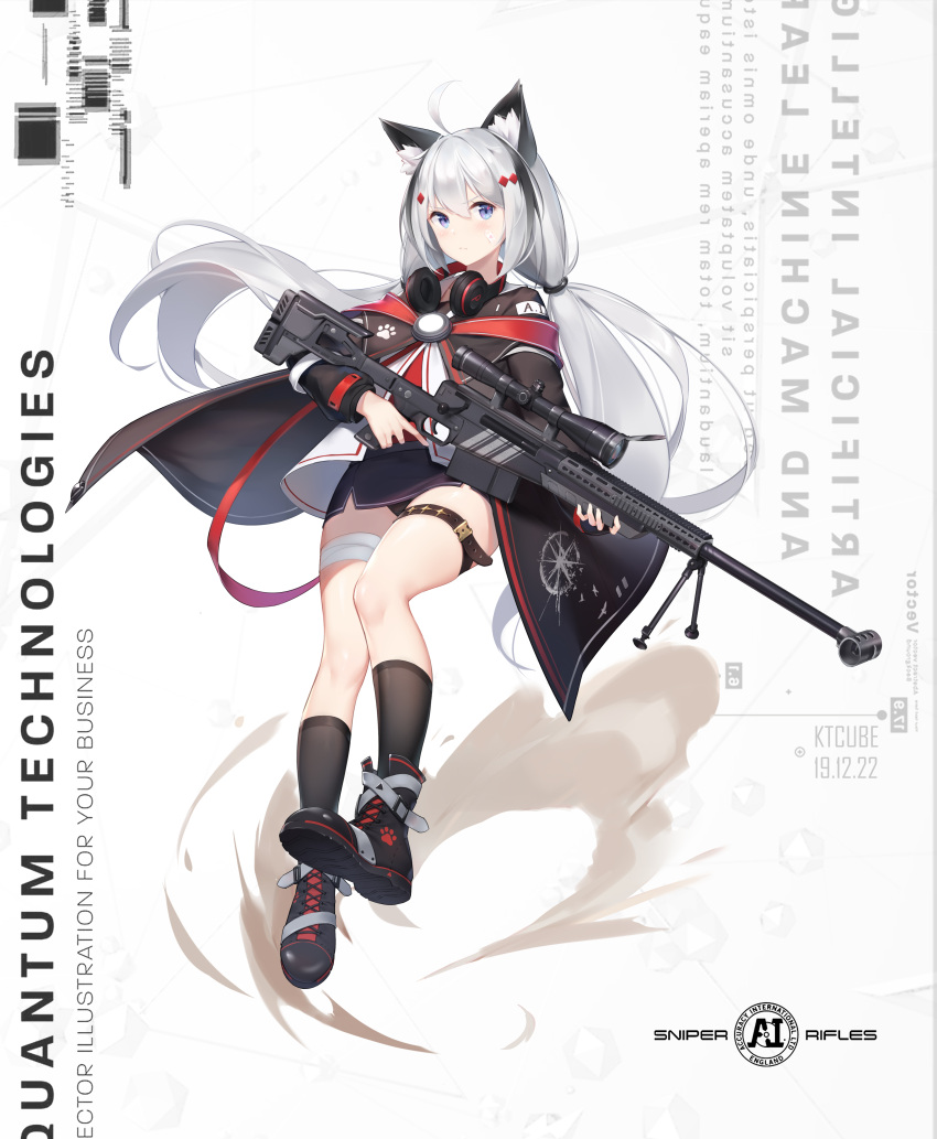 1girl, absurdres, accuracy_international, animal_ear_fluff, animal_ears, anti-materiel_rifle, artist_name, bandaged_leg