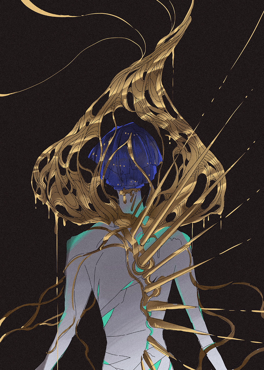 1other, androgynous, black_background, blue_hair, broken, crack, cracked, crystal_hair