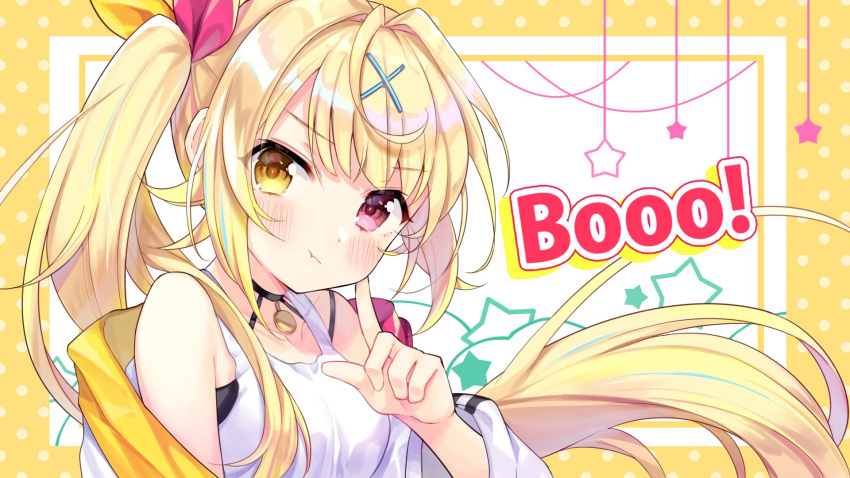 1girl, :i, bare_shoulders, blonde_hair, booo!, cheek_poking, closed_mouth, hair_ornament, heterochromia, highres, hoshikawa_sara, index_finger_raised, jacket, kanda_done, long_hair, looking_at_viewer, nijisanji, off_shoulder, official_art, poking, red_eyes, shirt, side_ponytail, solo, star, upper_body, very_long_hair, virtual_youtuber, white_jacket, white_shirt, x_hair_ornament, yellow_background, yellow_eyes