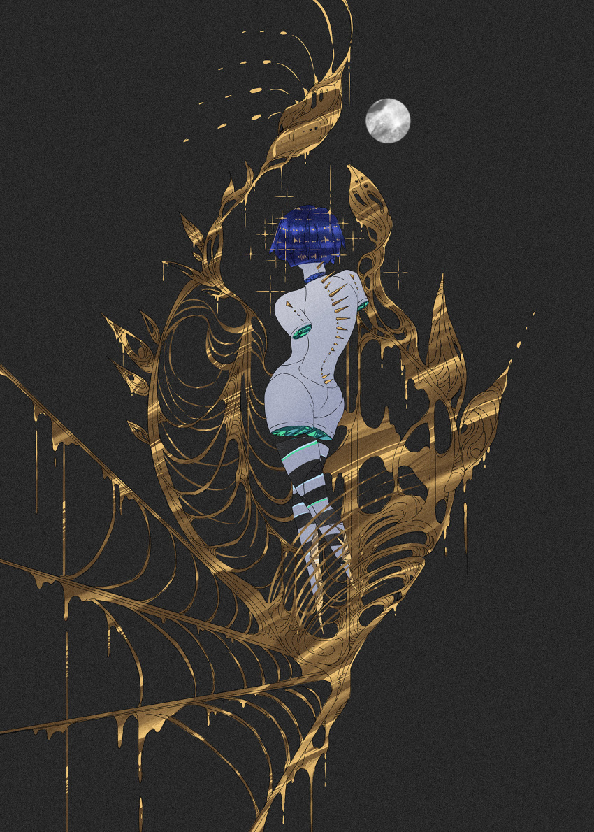 1other, androgynous, ass, black_background, blue_hair, broken, crack, cracked