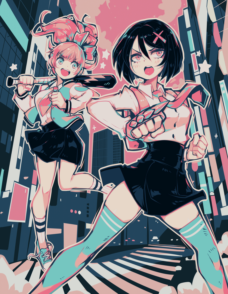 2girls, aqua_legwear, backpack, bag, baseball_bat, black_hair, bow, brass_knuckles