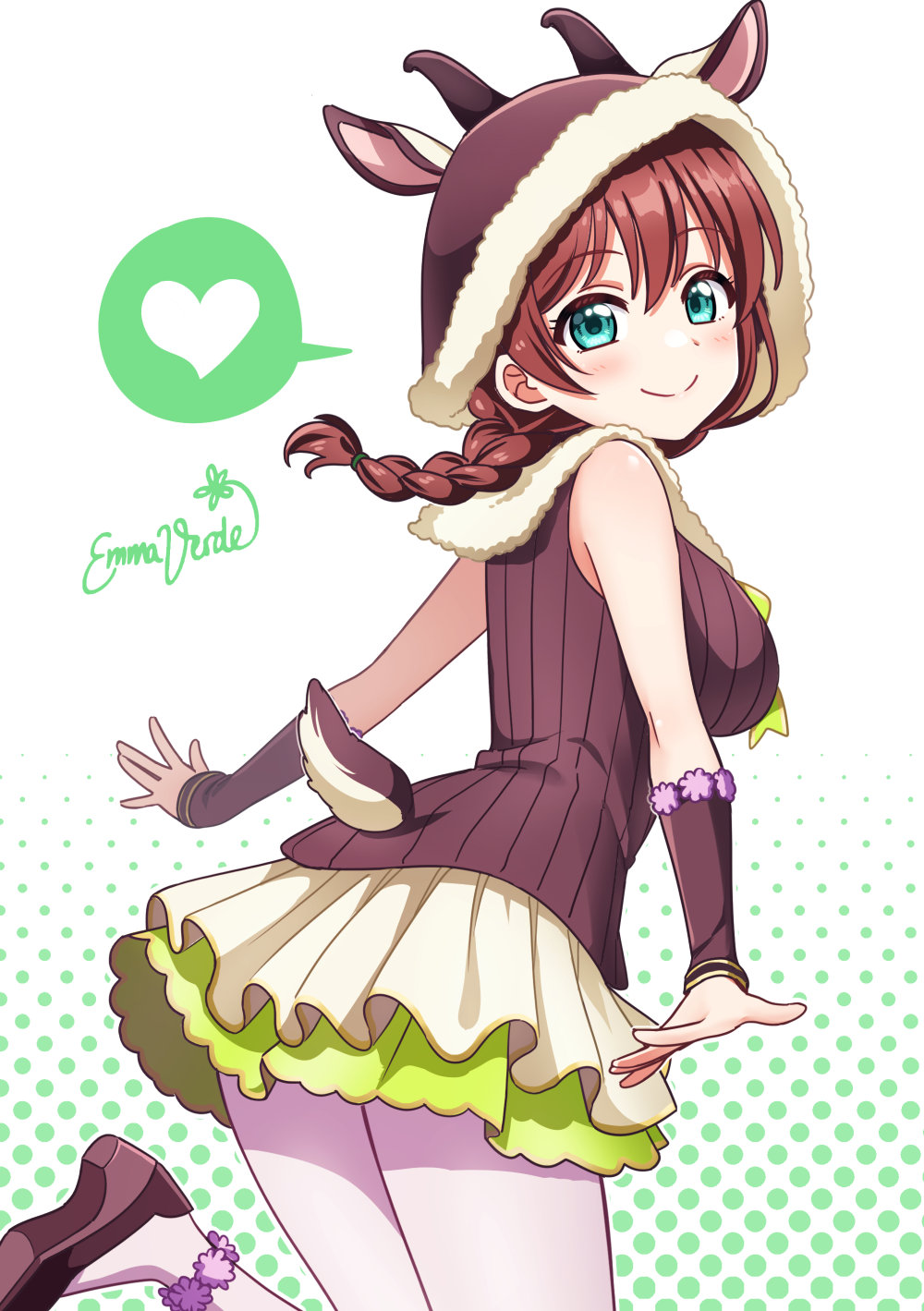 1girl, animal_ears, ankle_flower, aqua_eyes, arm_warmers, black_footwear, black_shirt, braid, character_name, character_signature, deadnooodles, emma_verde, fur_trim, goat_ears, goat_hood, goat_horns, goat_tail, halftone, halftone_background, heart, highres, hood, hood_up, layered_skirt, long_hair, looking_at_viewer, looking_back, love_live!, love_live!_school_idol_festival_all_stars, miniskirt, pantyhose, redhead, shirt, single_braid, skirt, sleeveless, sleeveless_shirt, smile, solo, spoken_heart, white_legwear, yellow_neckwear, yellow_skirt