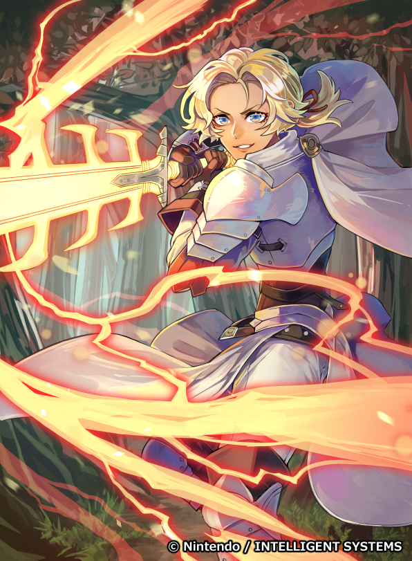 armored_boots, blonde_hair, blue_eyes, boots, breastplate, brown_gloves, capelet, catherine_(fire_emblem), cowboy_shot, day, electricity, fire_emblem, fire_emblem:_three_houses, fire_emblem_cipher, forest, gloves, glowing, glowing_weapon, grass, grin, hair_ribbon, leather, leather_gloves, lips, nature, official_art, outdoors, parted_lips, ponytail, ribbon, short_hair, smile, sword, teeth, tvzyon, waist_cape, watermark, weapon