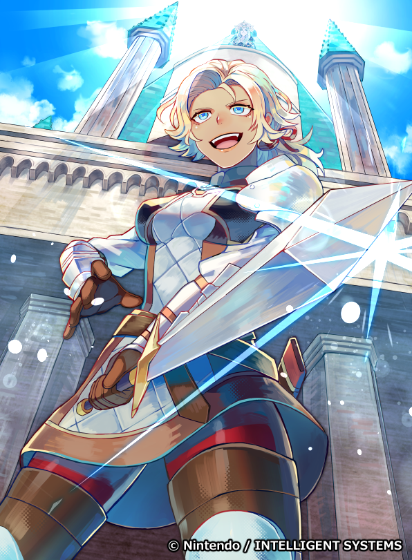 1girl, arm_guards, armor, armored_boots, armored_dress, blonde_hair, blue_eyes, boots